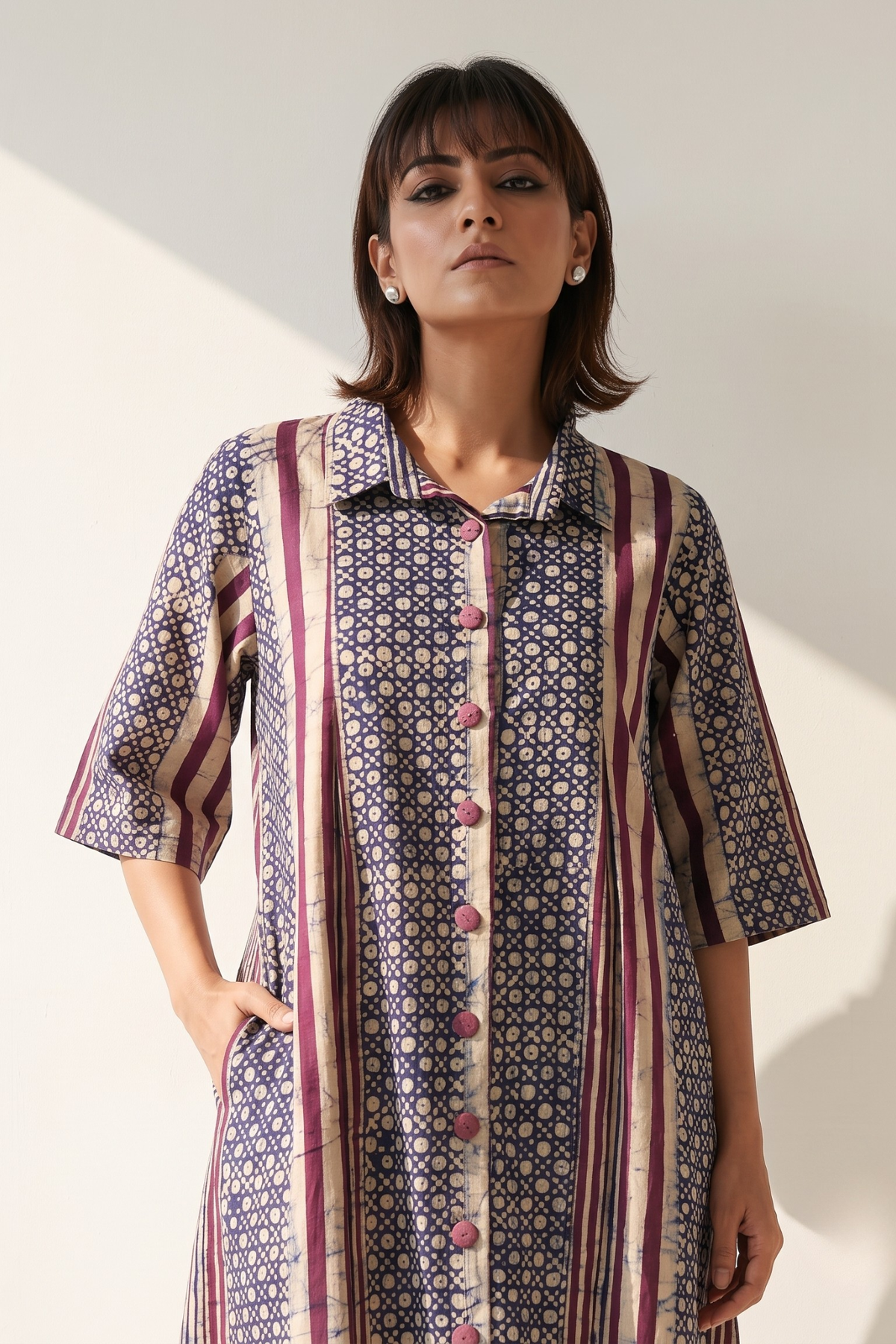 Violet Line Dots Pattern Batik Cotton Box Pleat Button Down Shirt Dress Mc
