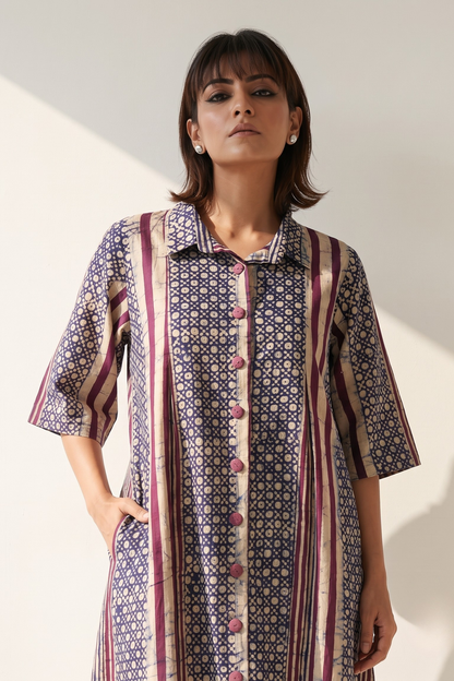 Violet Line Dots Pattern Batik Cotton Box Pleat Button Down Shirt Dress Mc