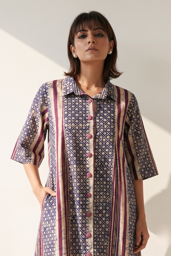Violet Line Dots Pattern Batik Cotton Box Pleat Button Down Shirt Dress Mc