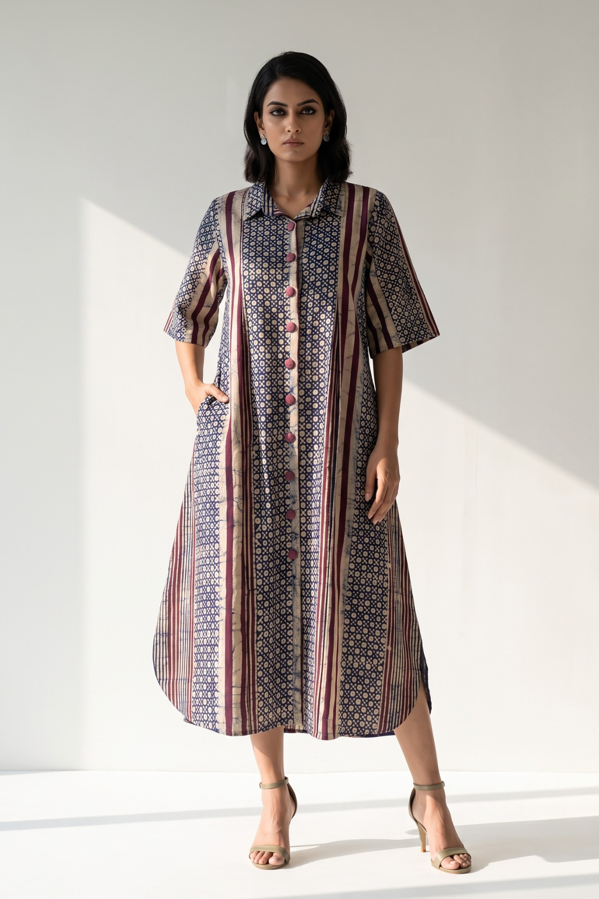 Violet Line Dots Pattern Batik Cotton Box Pleat Button Down Shirt Dress Mc