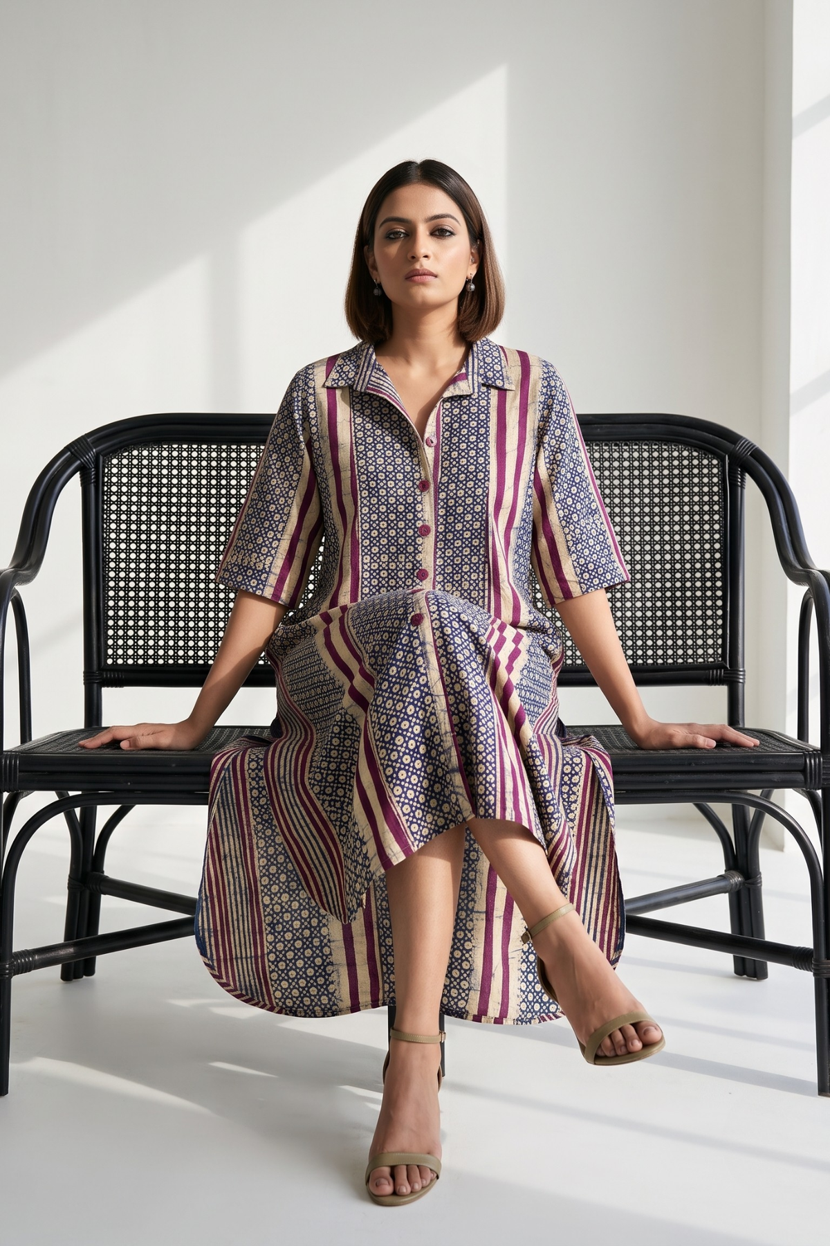 Violet Line Dots Pattern Batik Cotton Box Pleat Button Down Shirt Dress Mc