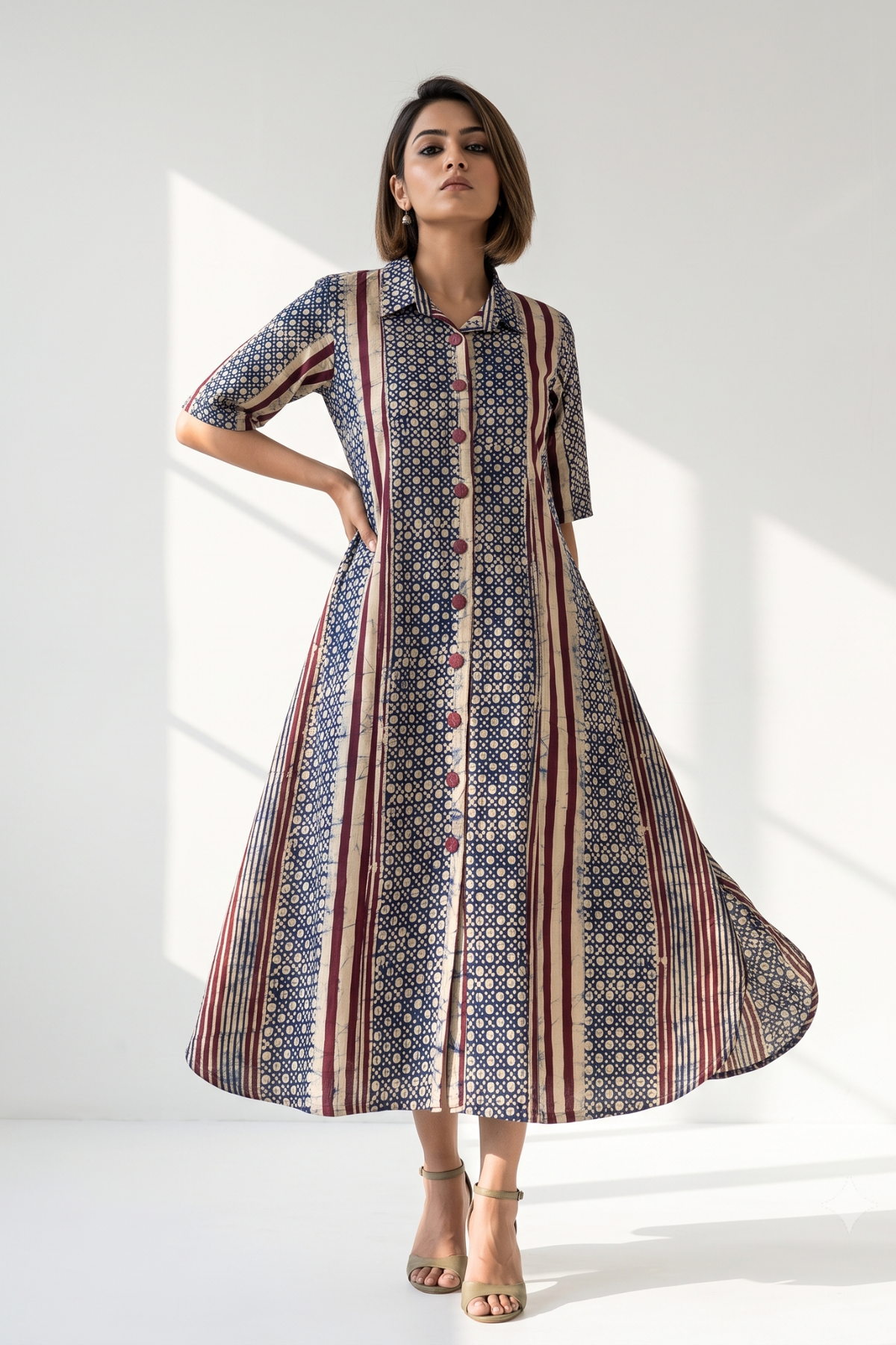 Violet Line Dots Pattern Batik Cotton Box Pleat Button Down Shirt Dress Mc