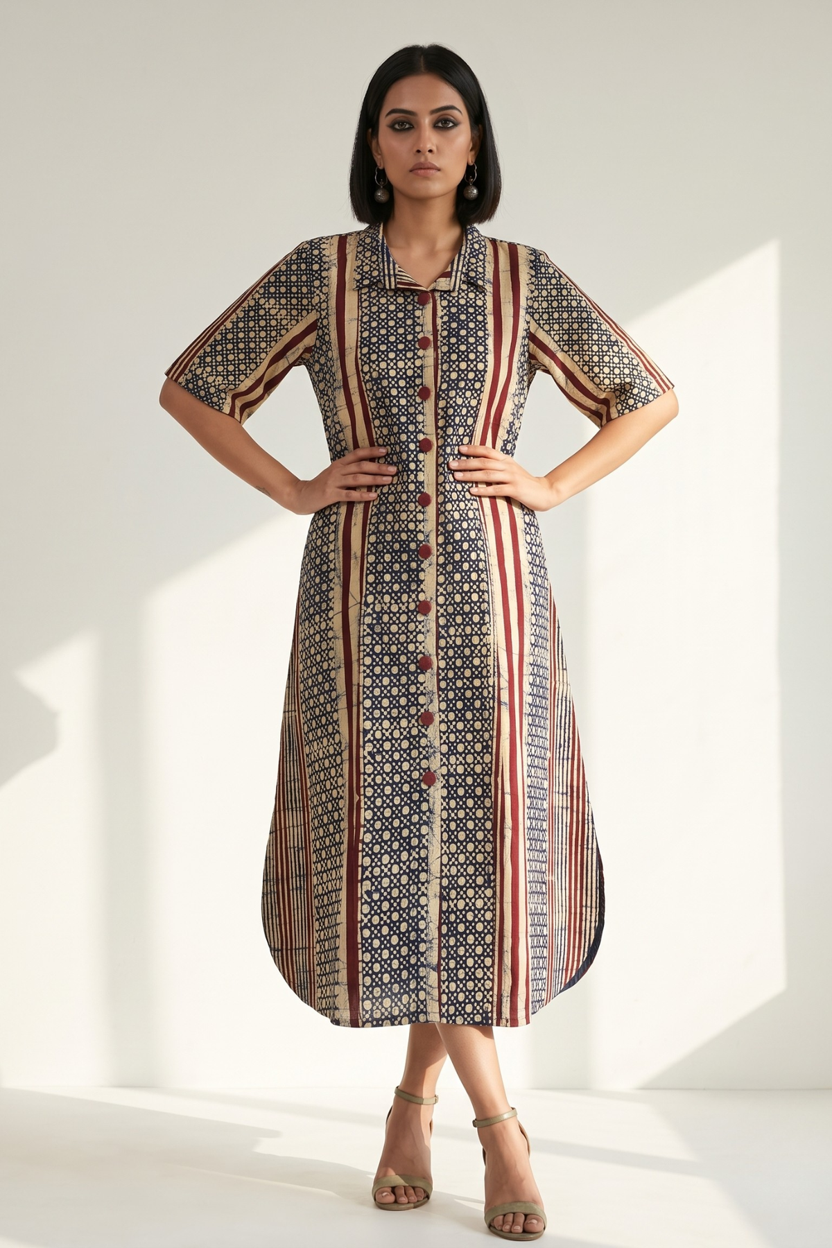 Violet Line Dots Pattern Batik Cotton Box Pleat Button Down Shirt Dress Mc