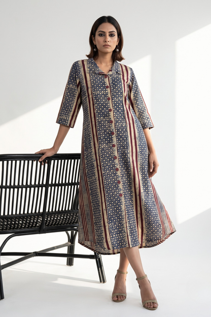 Violet Line Dots Pattern Batik Cotton Box Pleat Button Down Shirt Dress Mc