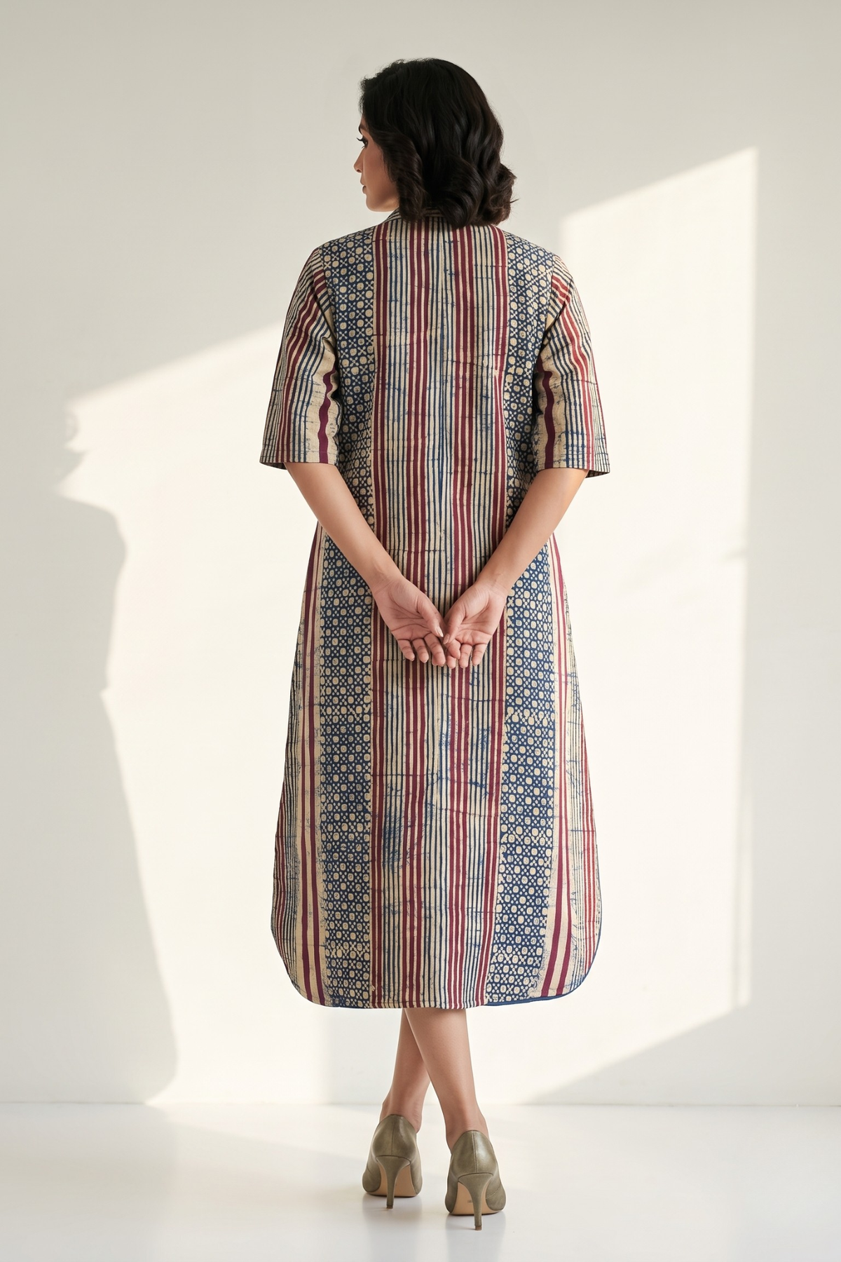 Violet Line Dots Pattern Batik Cotton Box Pleat Button Down Shirt Dress Mc