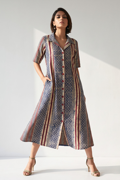 Violet Line Dots Pattern Batik Cotton Box Pleat Button Down Shirt Dress Mc