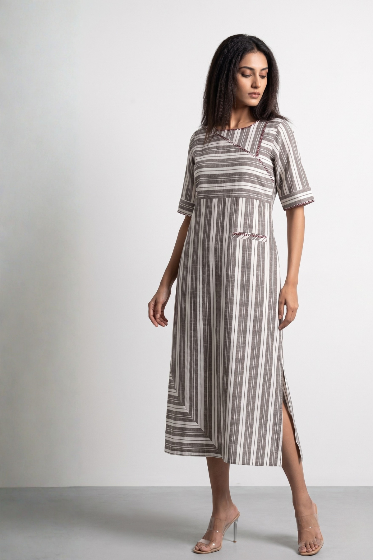 Walnut Beige Bands Cotton Long Slit Dress Mc