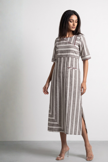 Walnut Beige Bands Cotton Long Slit Dress Mc