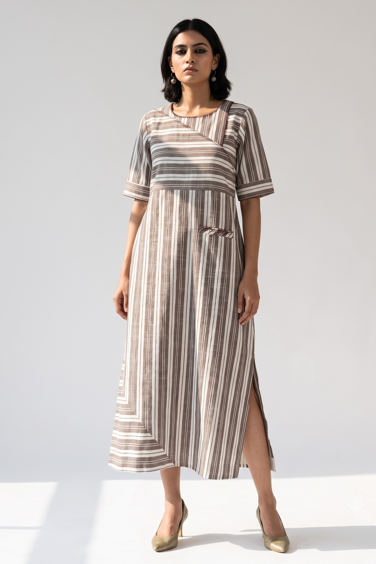Walnut Beige Bands Cotton Long Slit Dress Mc