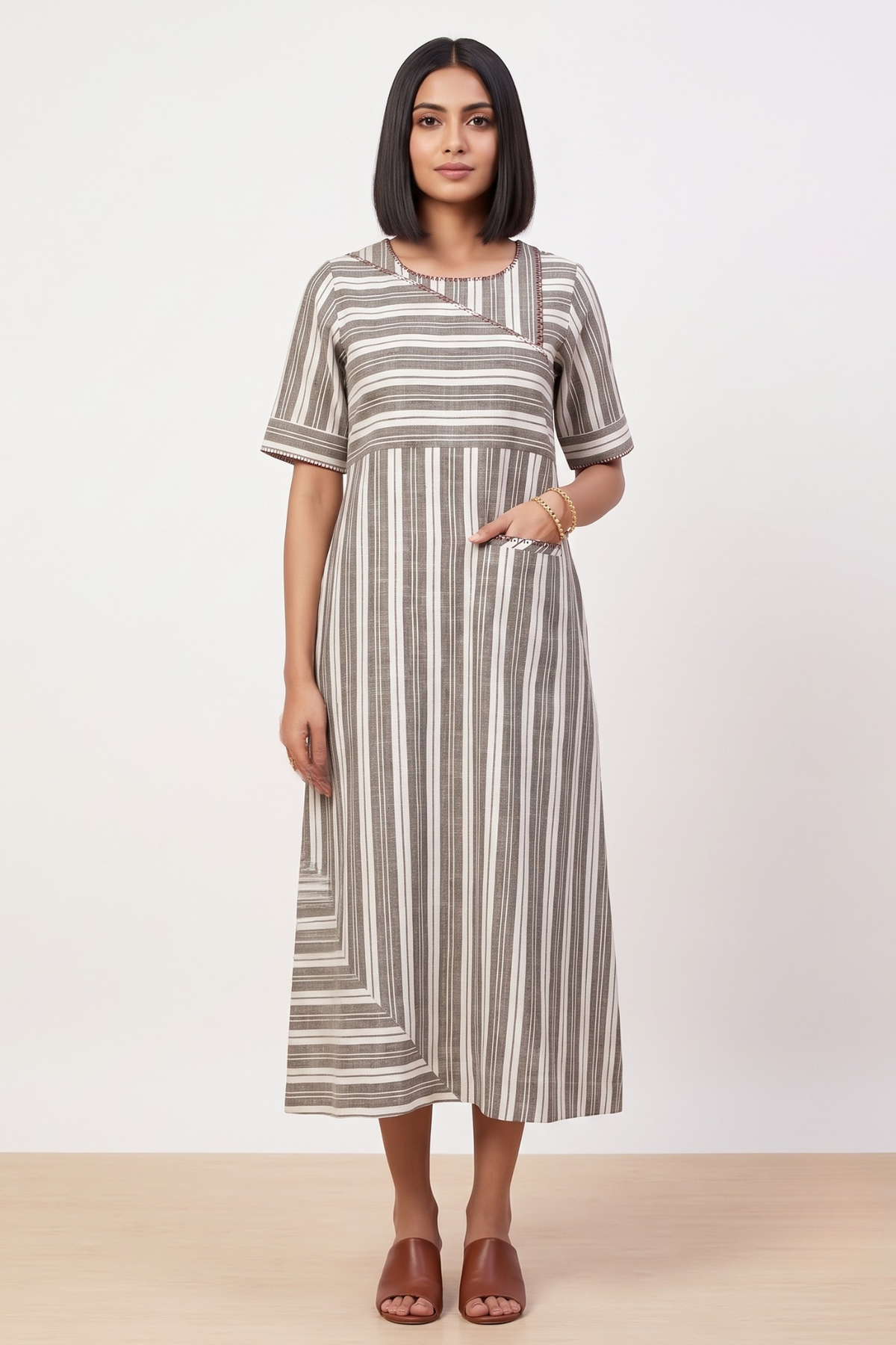 Walnut Beige Bands Cotton Long Slit Dress Mc