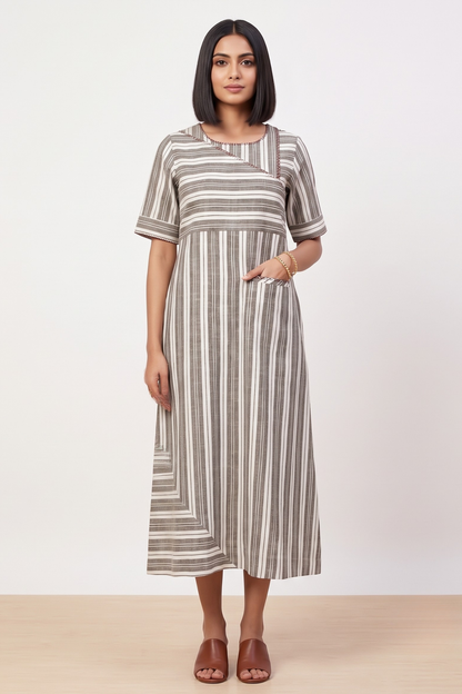 Walnut Beige Bands Cotton Long Slit Dress Mc