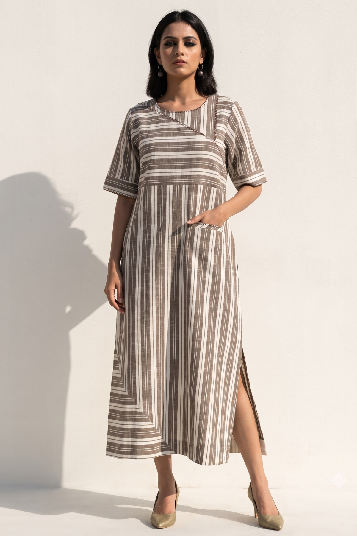 Walnut Beige Bands Cotton Long Slit Dress Mc