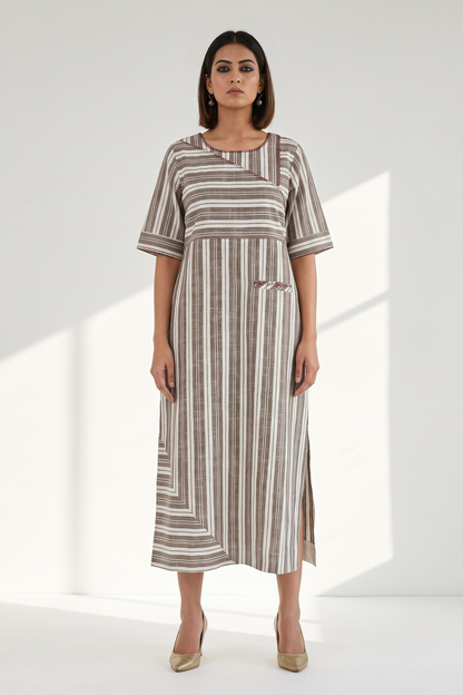 Walnut Beige Bands Cotton Long Slit Dress Mc
