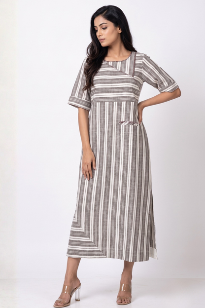Walnut Beige Bands Cotton Long Slit Dress Mc