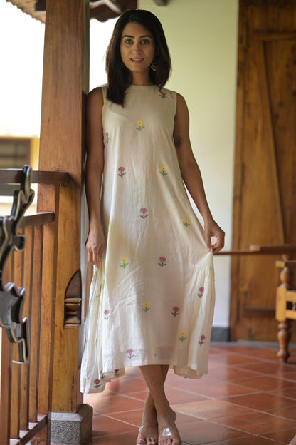 Khadi Mul Cotton Dress with Handwoven Jamdani Detailing Og