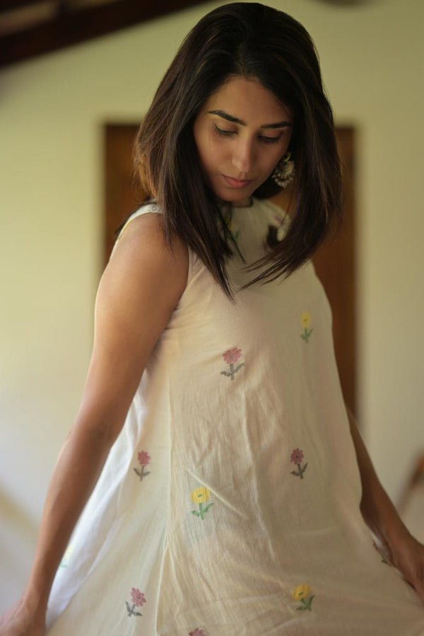 Khadi Mul Cotton Dress with Handwoven Jamdani Detailing Og