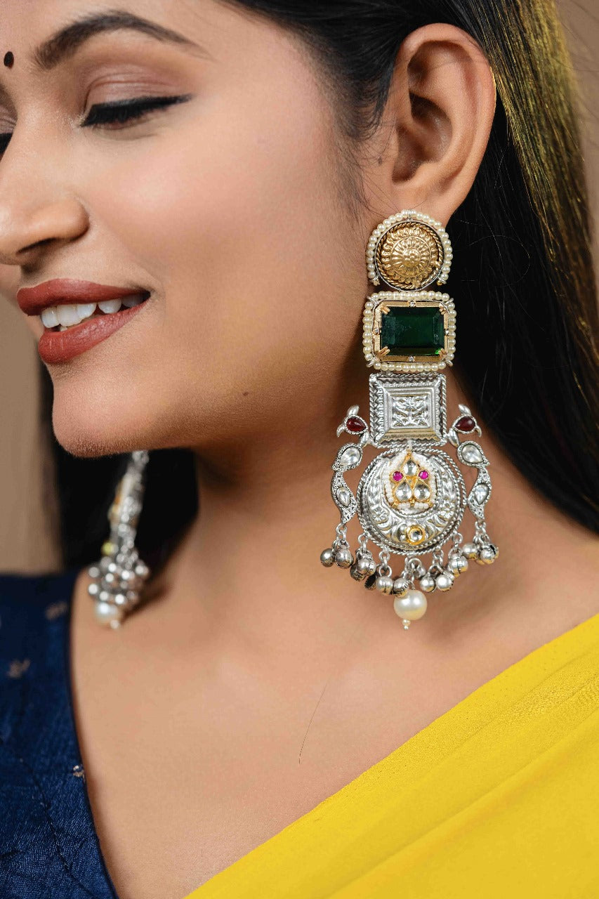 green stone dual tone earring