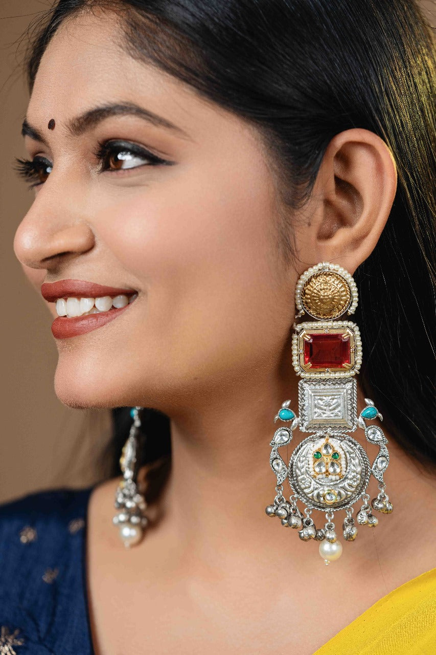 Artificial red stone silver earring