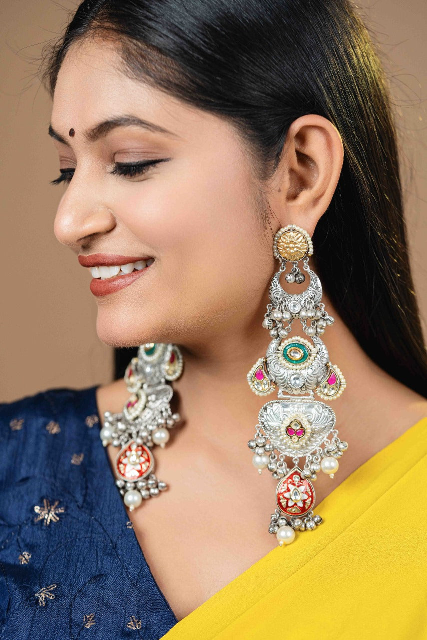 Ethnic silver long statment earring