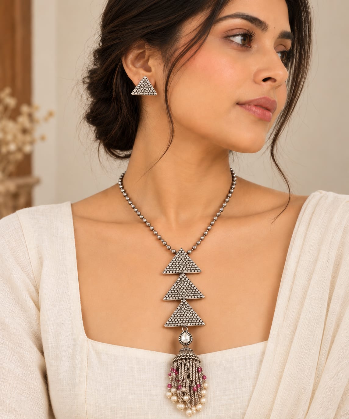 Triya Silver Look Alike Oxidized Necklace