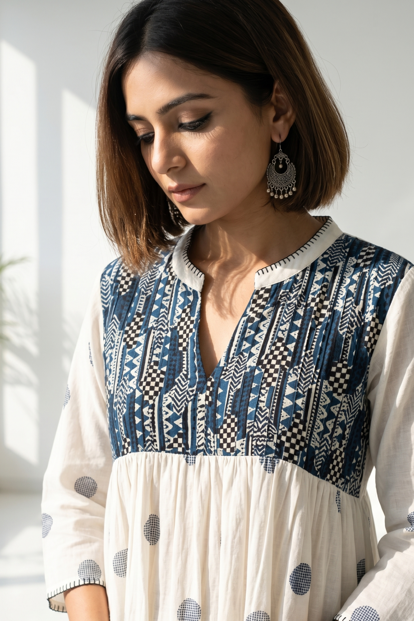 Ivory And Ocean Pebbles Pintuck Yoke Dress