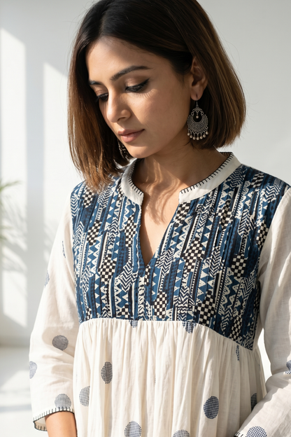 Ivory And Ocean Pebbles Pintuck Yoke Dress