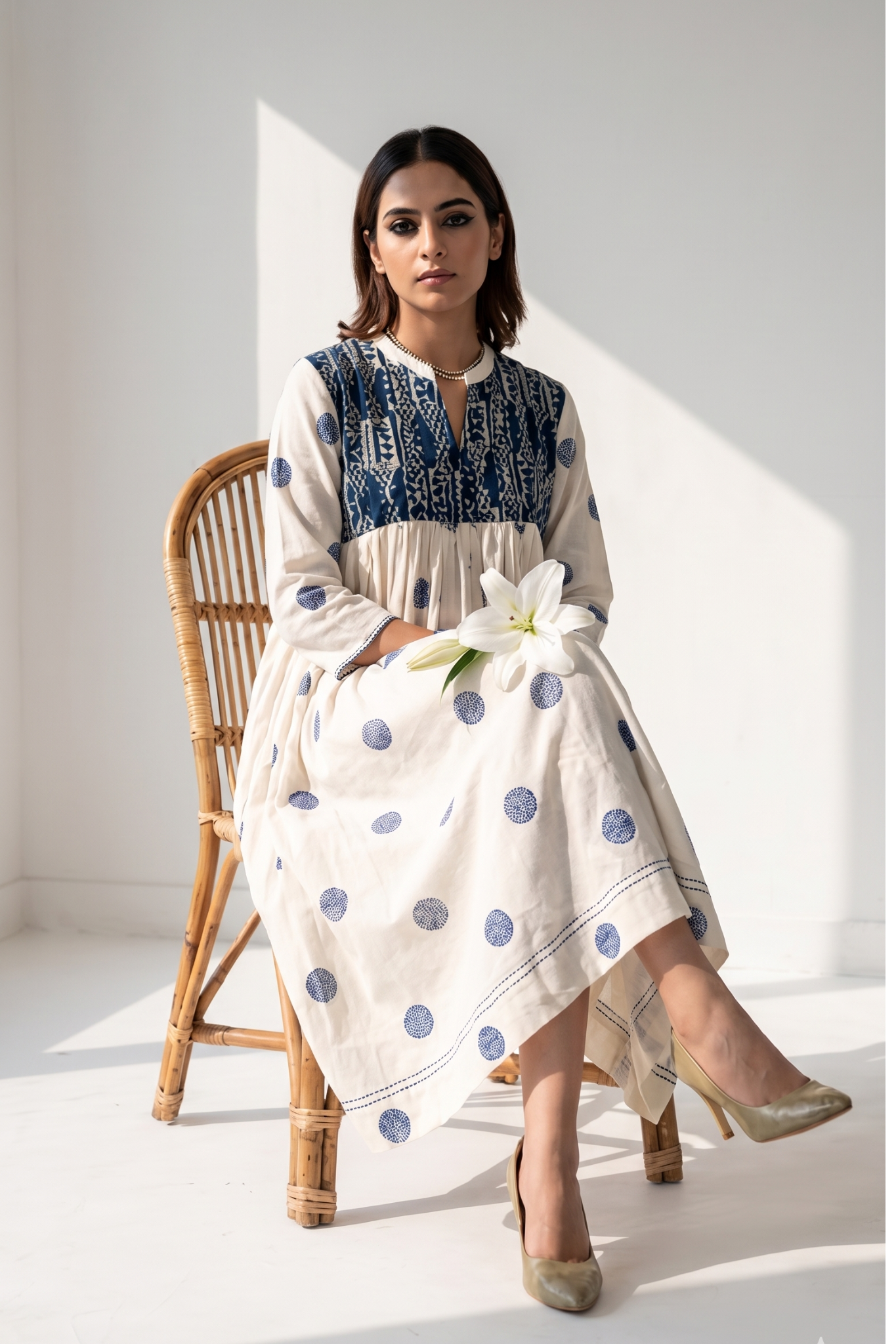 Ivory And Ocean Pebbles Pintuck Yoke Dress