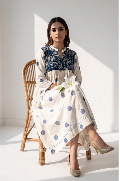 Ivory And Ocean Pebbles Pintuck Yoke Dress