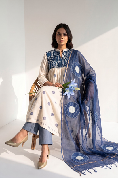 Ivory And Ocean Pebbles Pintuck Yoke Dress