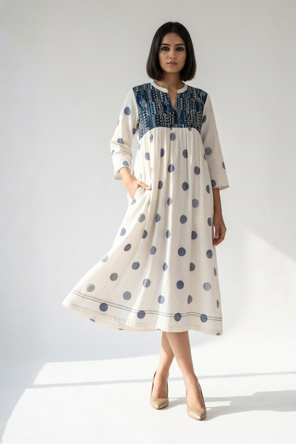 Ivory And Ocean Pebbles Pintuck Yoke Dress