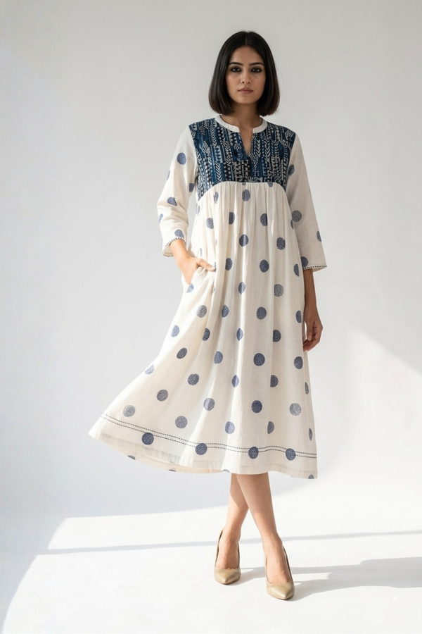 Ivory And Ocean Pebbles Pintuck Yoke Dress