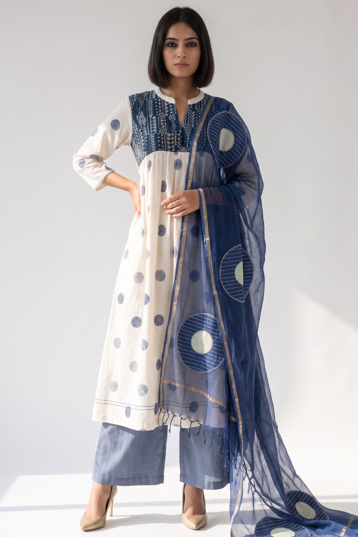 Ivory And Ocean Pebbles Pintuck Yoke Dress