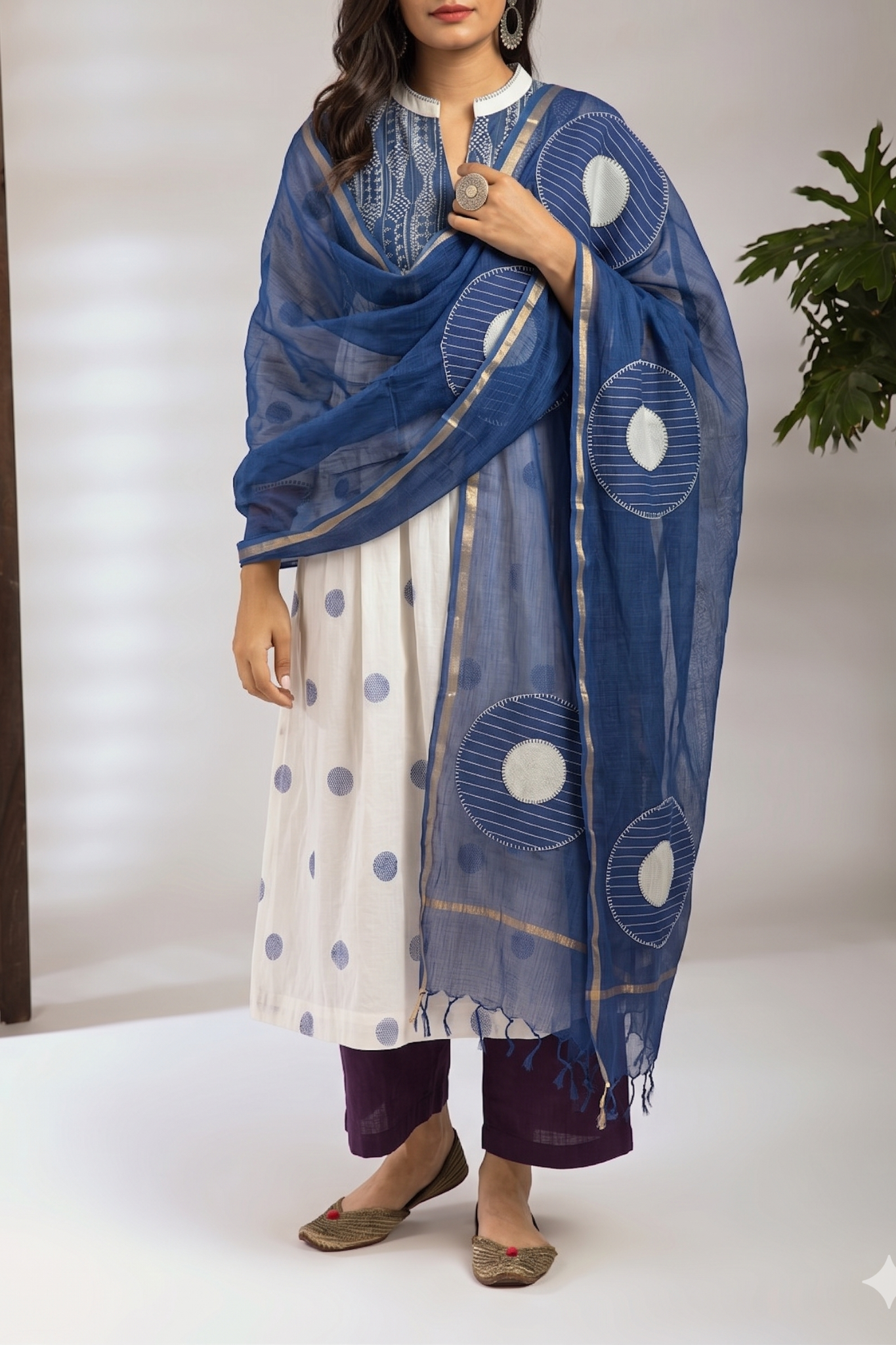 Ivory And Ocean Pebbles Pintuck Yoke Dress