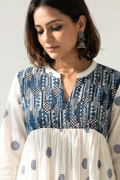 Ivory And Ocean Pebbles Pintuck Yoke Dress