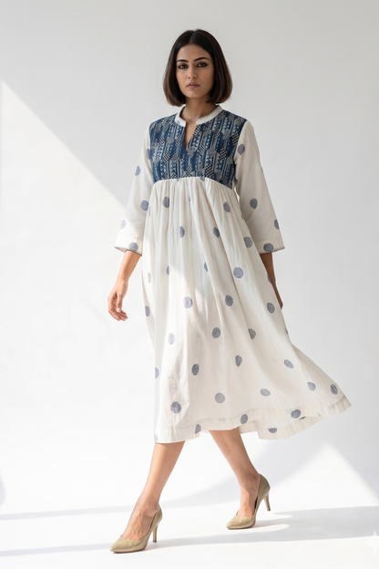 Ivory And Ocean Pebbles Pintuck Yoke Dress