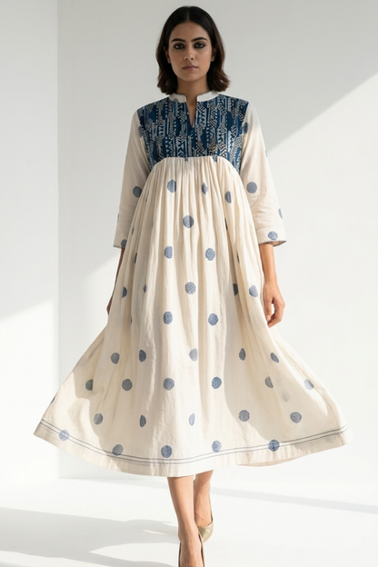 Ivory And Ocean Pebbles Pintuck Yoke Dress