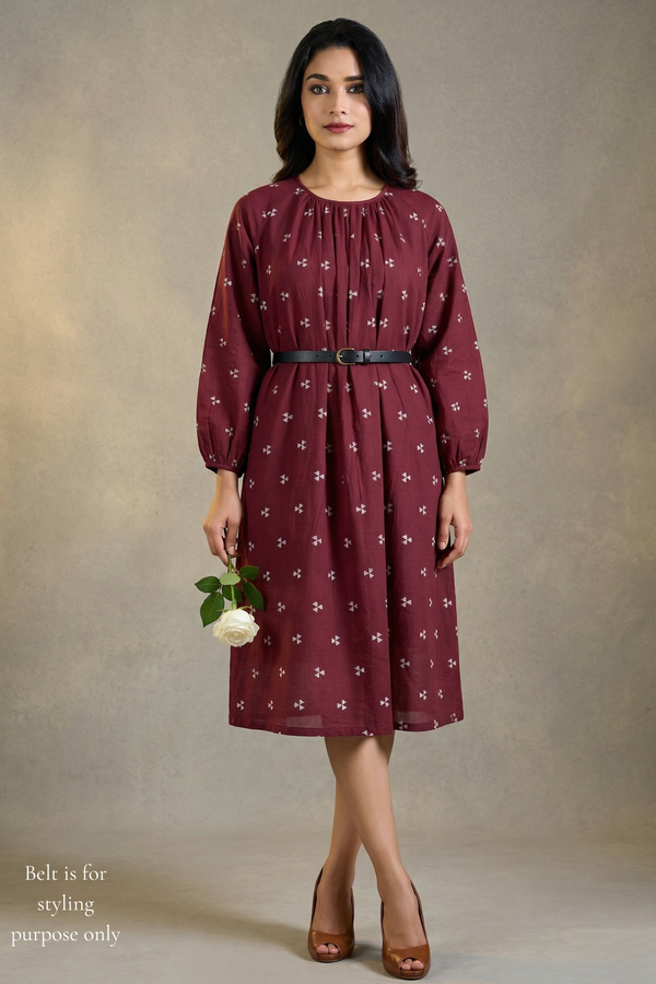 Cinnamon Motifs Cotton Midi Gather Dress Mc