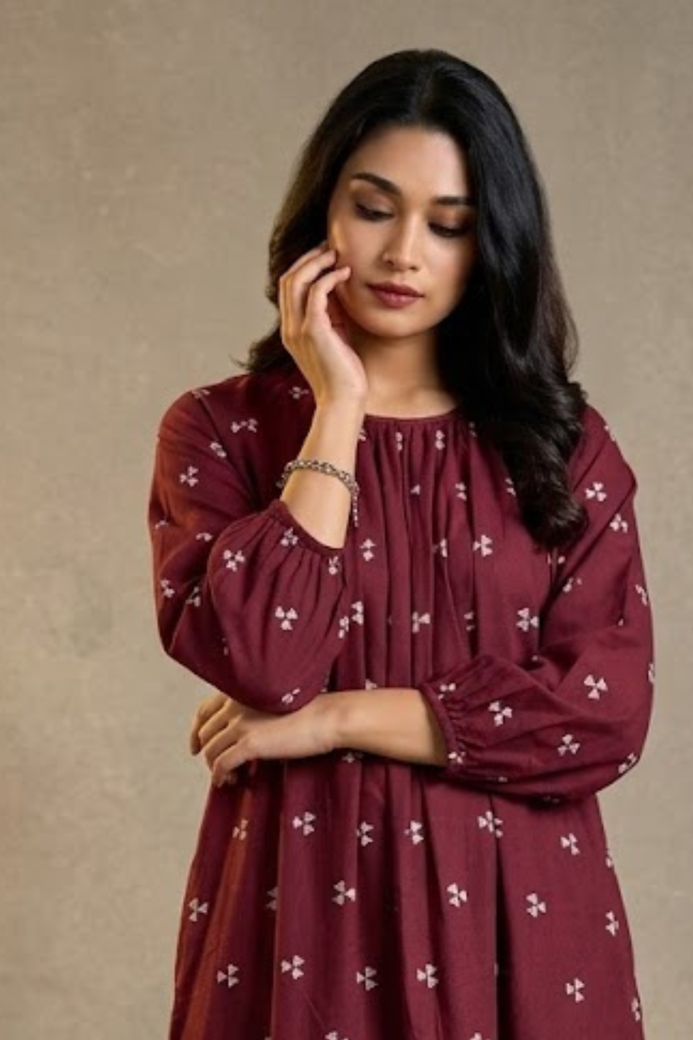 Cinnamon Motifs Cotton Midi Gather Dress Mc