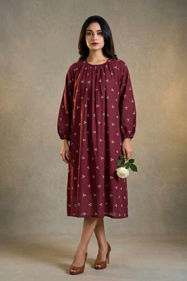 Cinnamon Motifs Cotton Midi Gather Dress Mc
