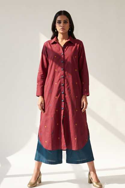 Marsala Bloom Long Cotton Shirt Dress Mc