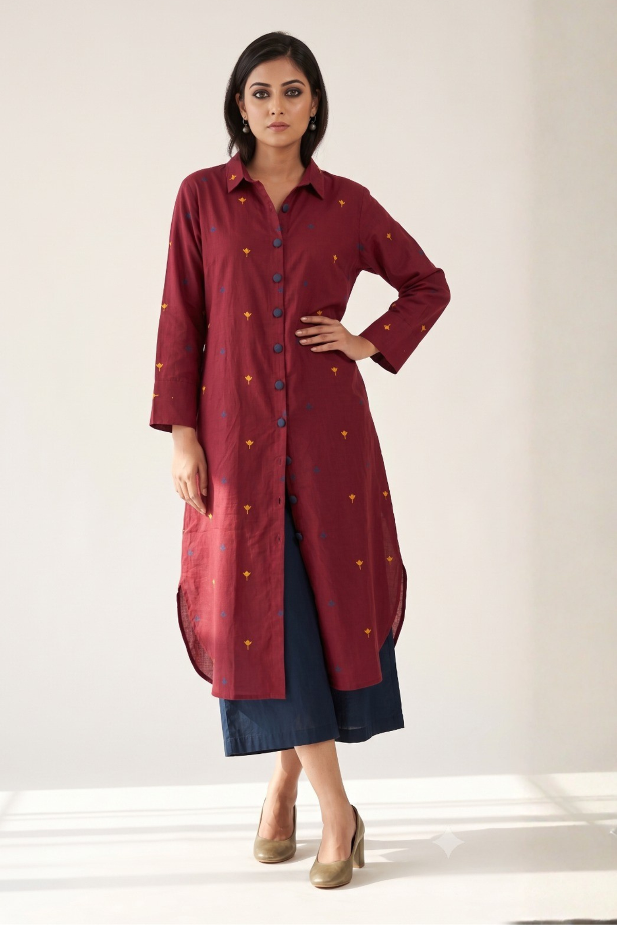 Marsala Bloom Long Cotton Shirt Dress Mc