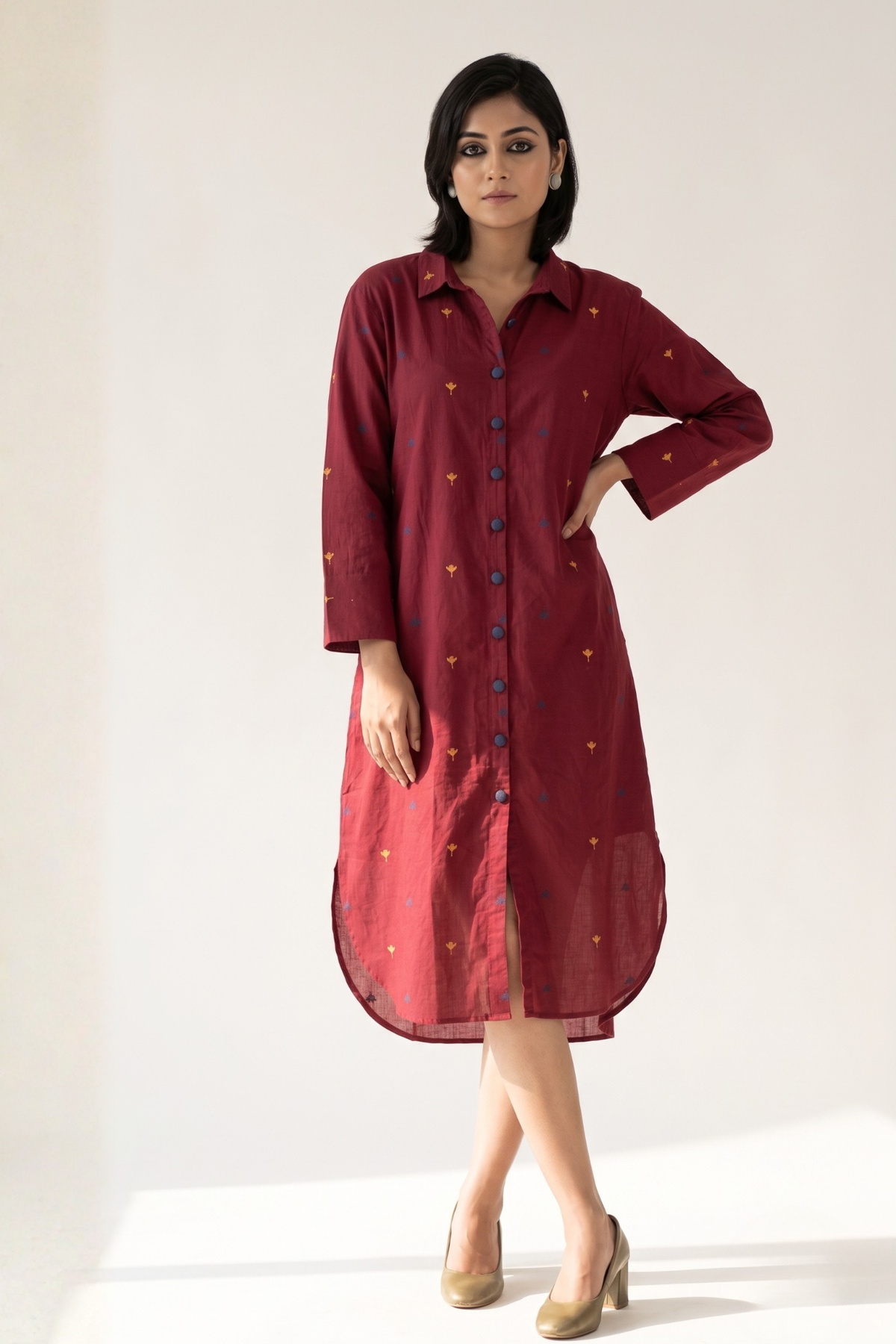 Marsala Bloom Long Cotton Shirt Dress Mc