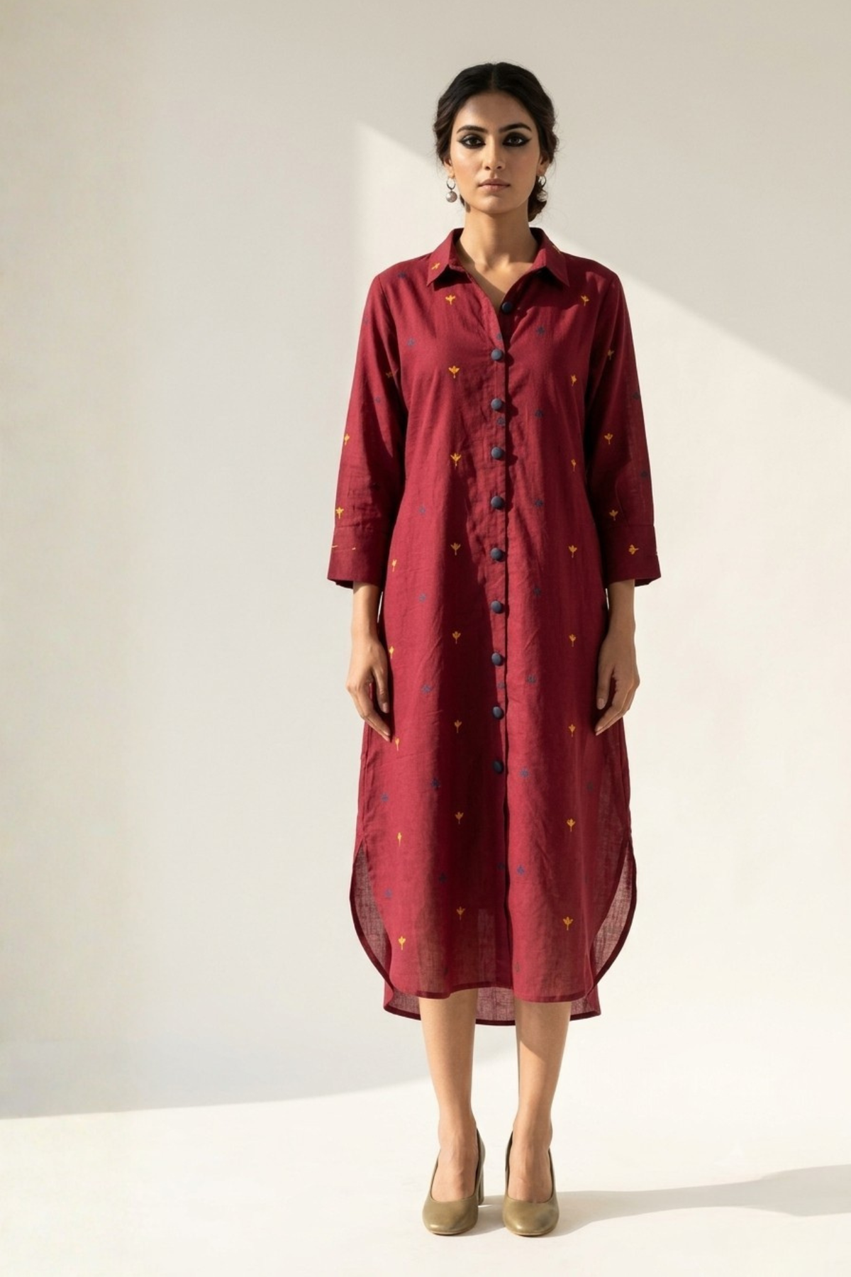 Marsala Bloom Long Cotton Shirt Dress Mc
