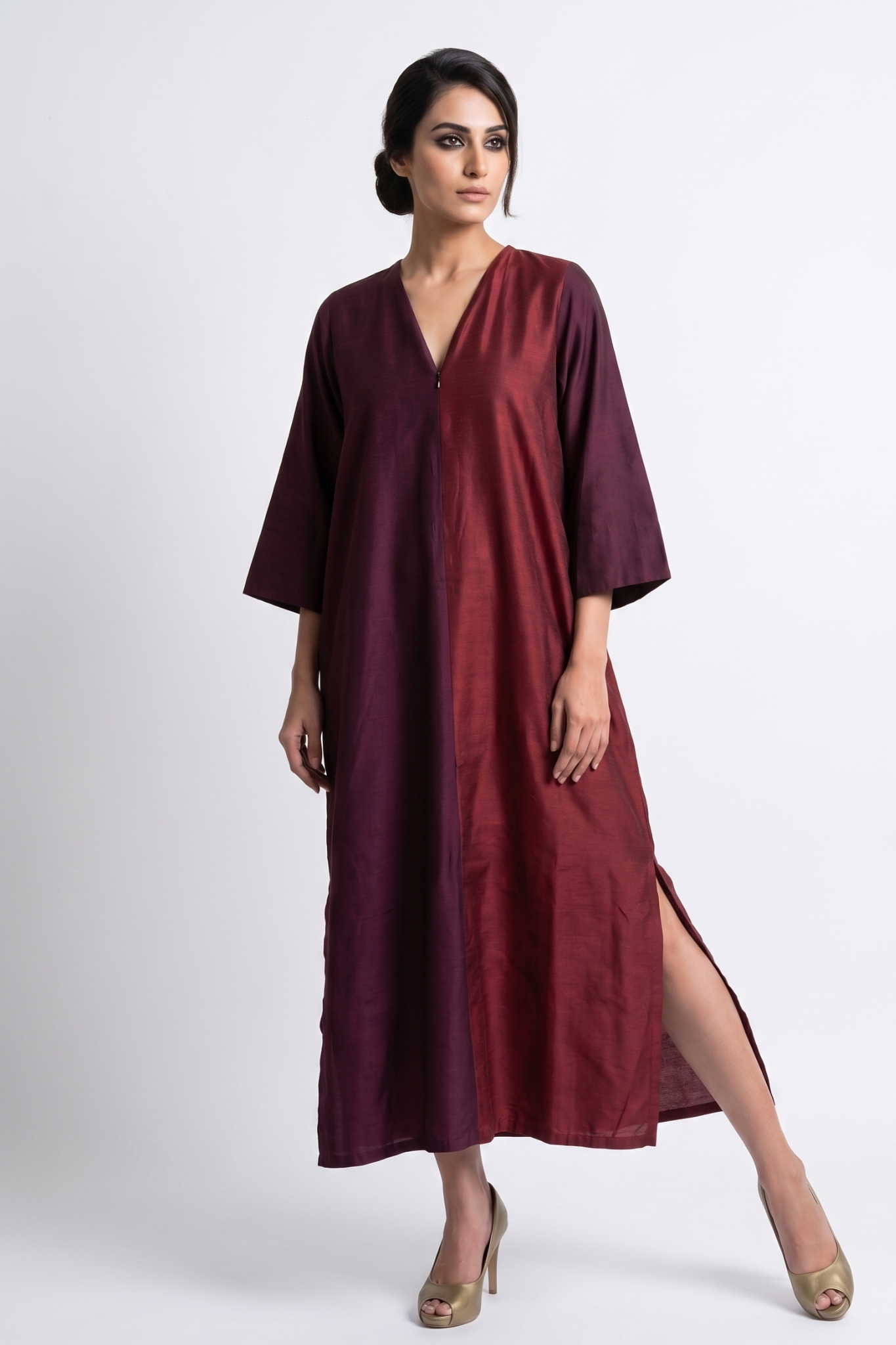 Wine Duo Front Zipper A-Line Silk Slub Kurta Mc