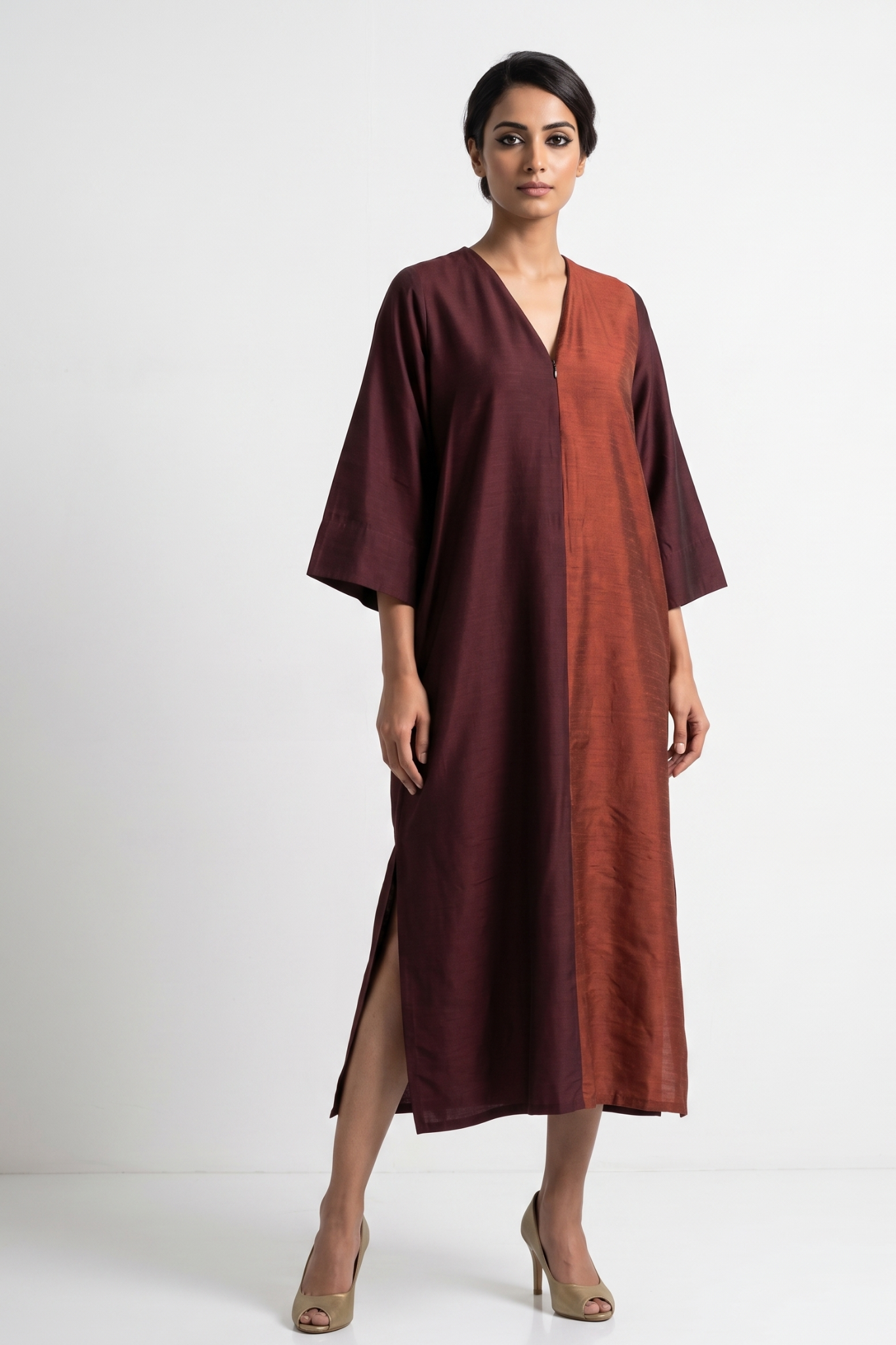 Wine Duo Front Zipper A-Line Silk Slub Kurta Mc