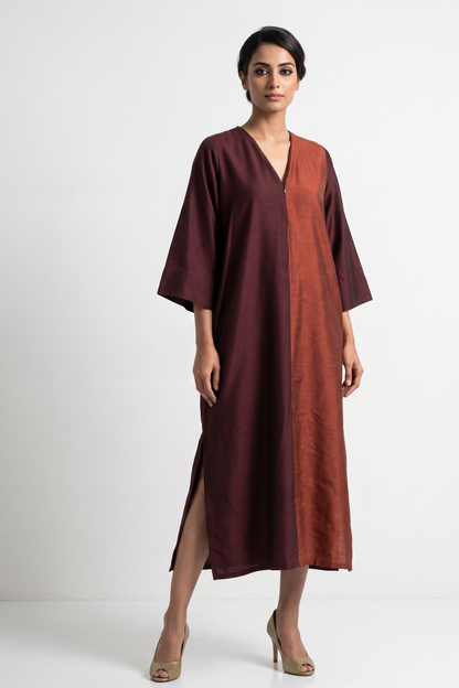 Wine Duo Front Zipper A-Line Silk Slub Kurta Mc