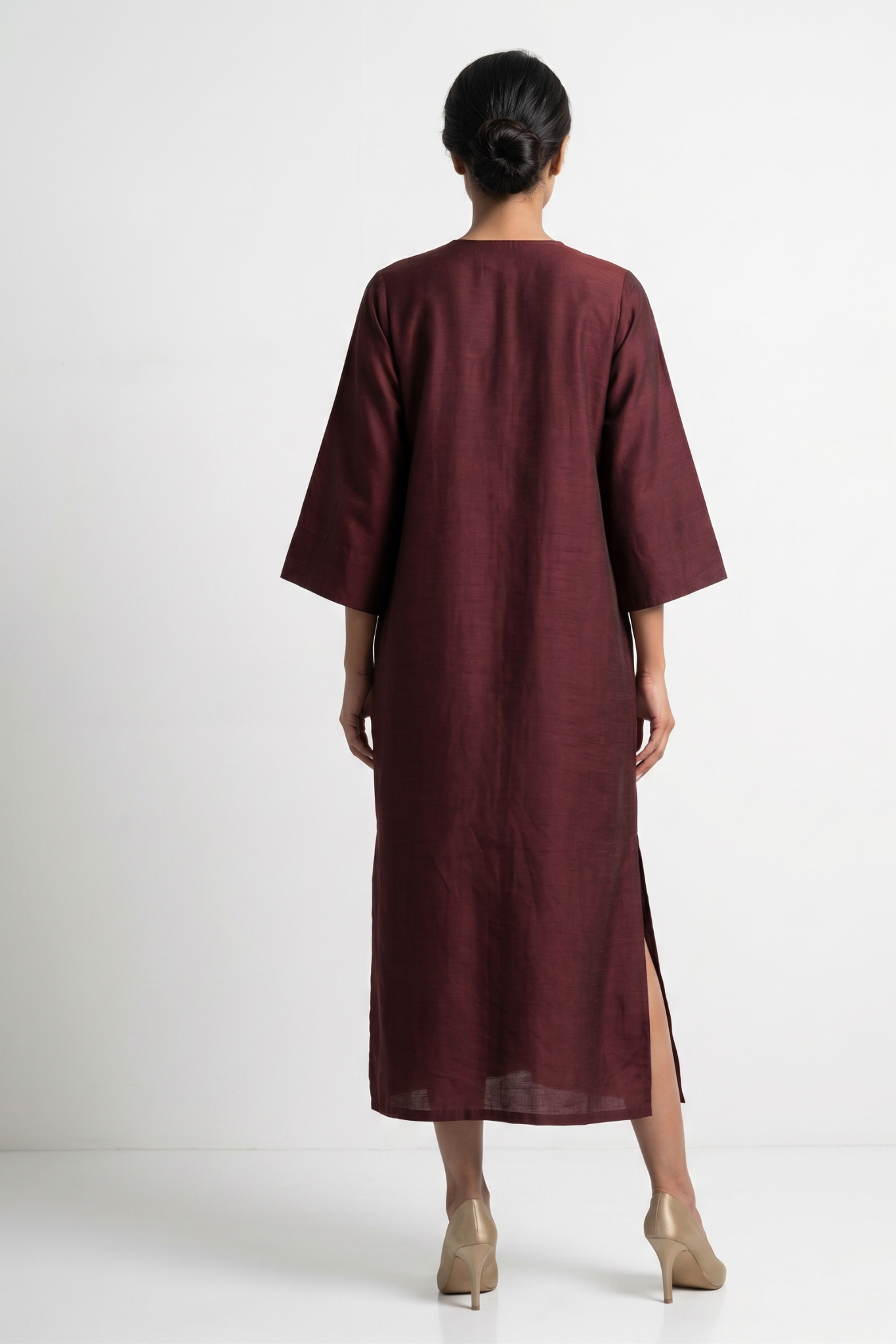 Wine Duo Front Zipper A-Line Silk Slub Kurta Mc