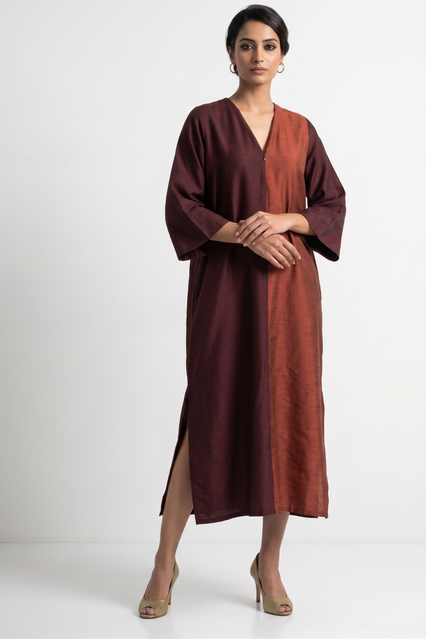 Wine Duo Front Zipper A-Line Silk Slub Kurta Mc