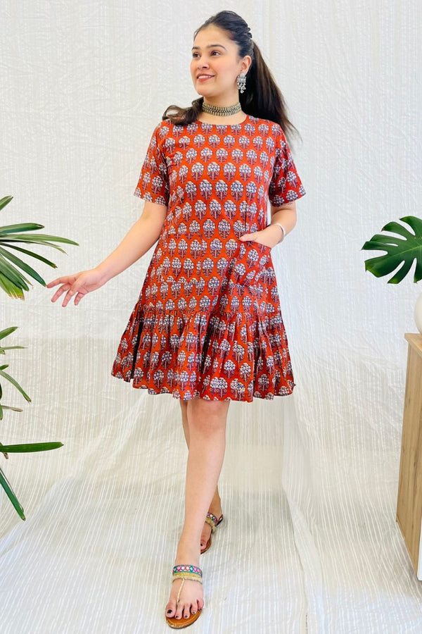 Ajrakh Hand Block Tiered Dress