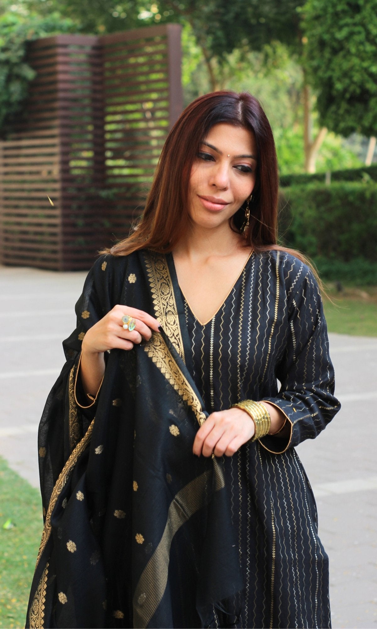 Banarasi Black & Gold Zari Kurta & Dupatta with Plain Pants - Baareeki